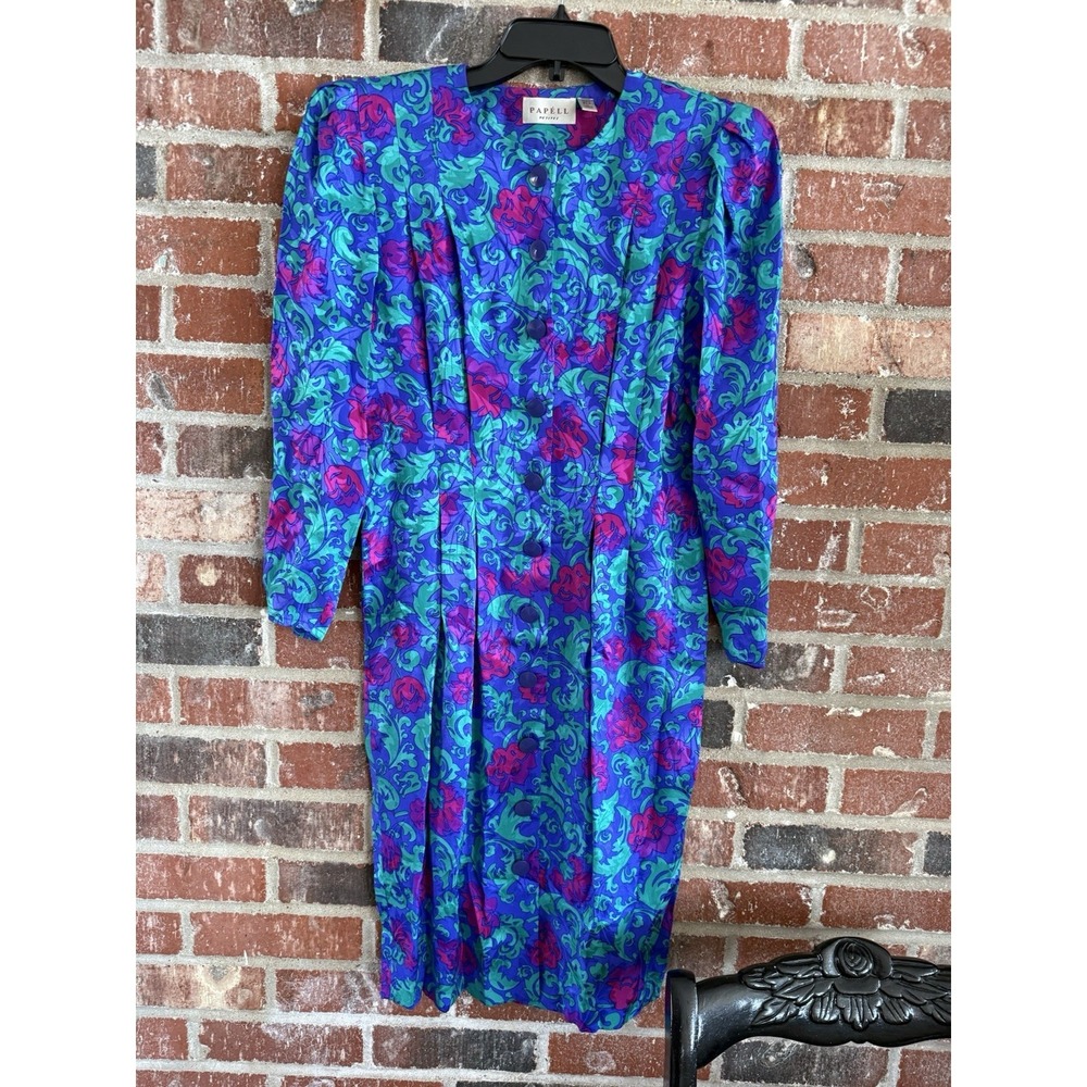 Vtg Adrianna Papell Womens Purple Blue Floralβ 100% Silk Button Wrap Dress 8
